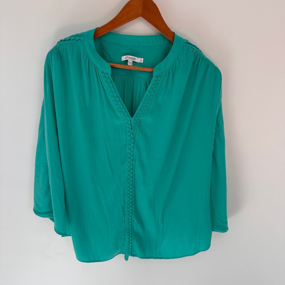 CHICO'S Teal V Neck Detail Blouse // 12